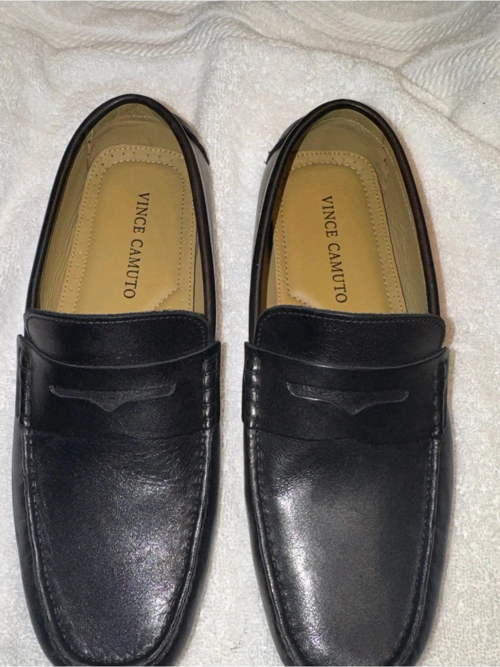 Vince Camuto Black Leather Penny Loafers with Tan Insole